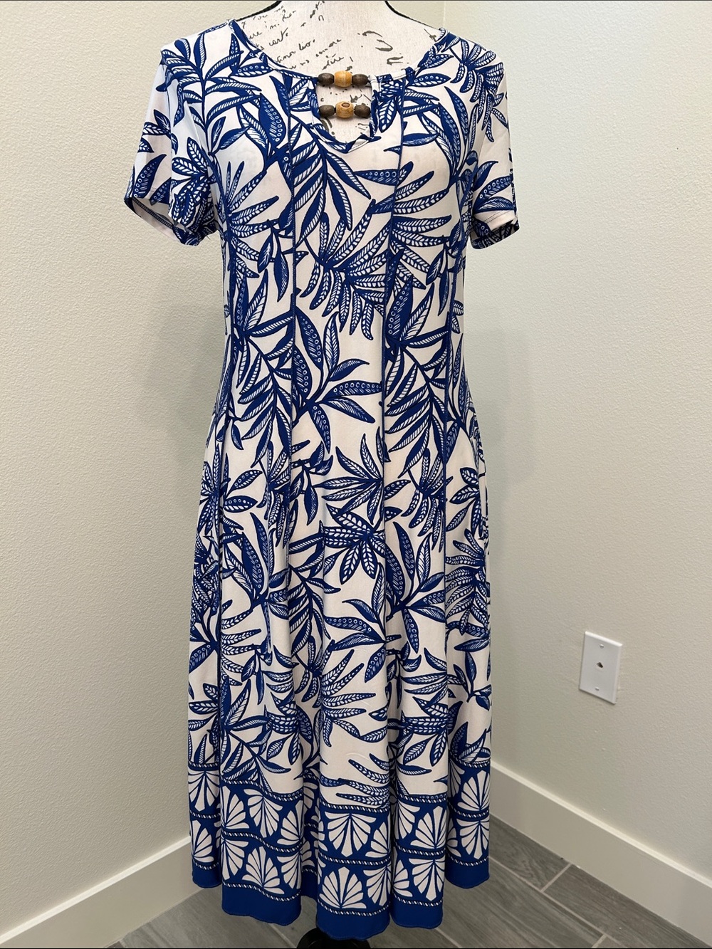 Sami & Jo Royal Blue & White Floral Maxi Dress with Wooden Bead Detail